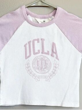 H&M White Tee with Light Purple Raglan Sleeves and UCLA Graphic